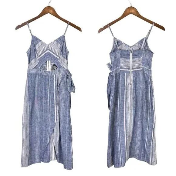 Express NWT Blue White Stripe Linen Blend Cut Out Strappy Wrap Midi Dress - Picture 4 of 11